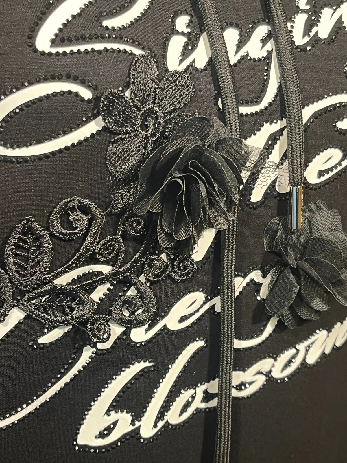 Elegant sporty Black floral and crystals decorated hoody dress
